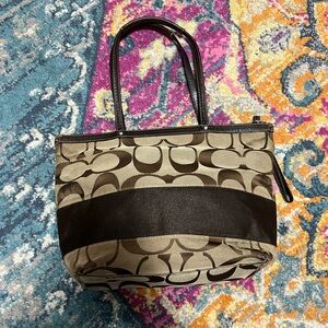Coach Signature Stripe tote bag in brown and tan signature jacquard canvas